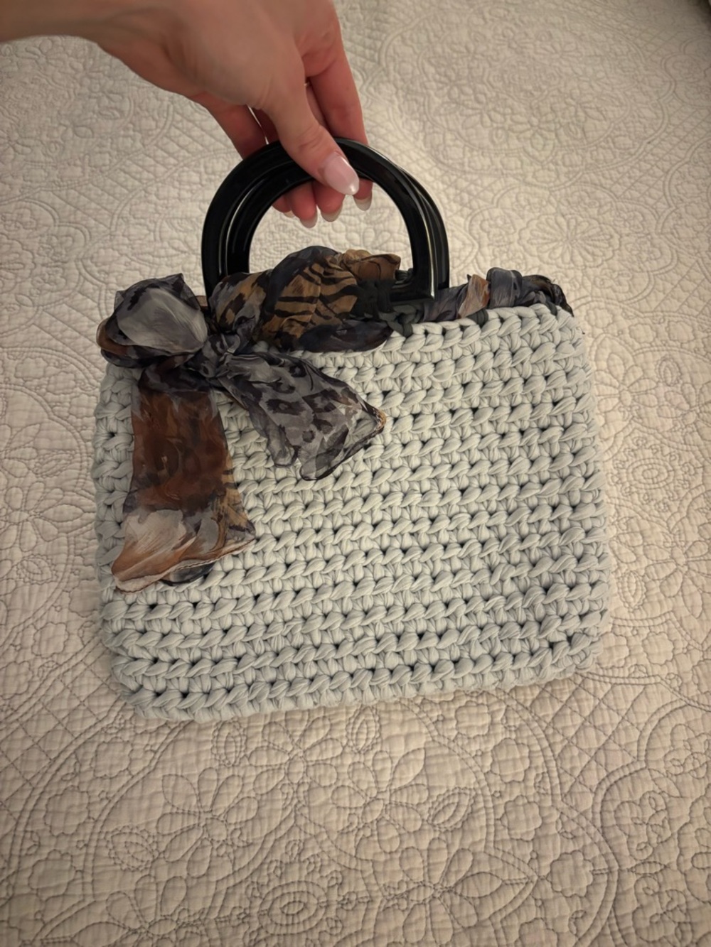 HANDMADE Never Used Light Gray Crochet Tote